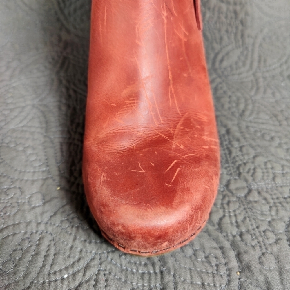 Dansko Max Block Heel Zip Distressed Rust Burgundy Leather Ankle Wedge 6.5-7 - Picture 7 of 13